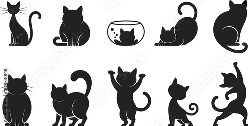 Black cat silhouette set, cute kitten poses collection, playful feline illustrations for pet design, logo, sticker, print, and decoration use