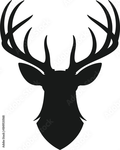 Black deer head silhouette, stag antlers logo illustration, minimalist wildlife hunting emblem design for nature branding, tattoo, wall art decor