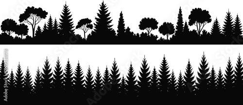 Black forest silhouette background with evergreen pine trees, minimalist woodland landscape illustration for nature themed design, banner, and wallpaper use