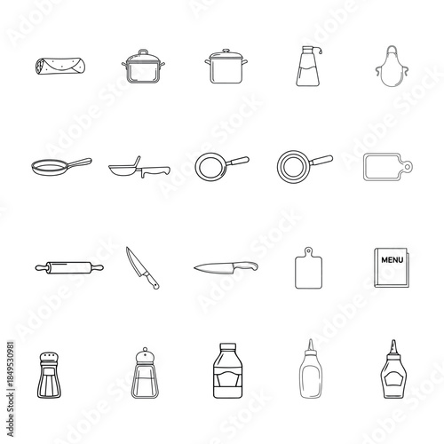 Kitchen utensils and cooking line art icons vector illustration set