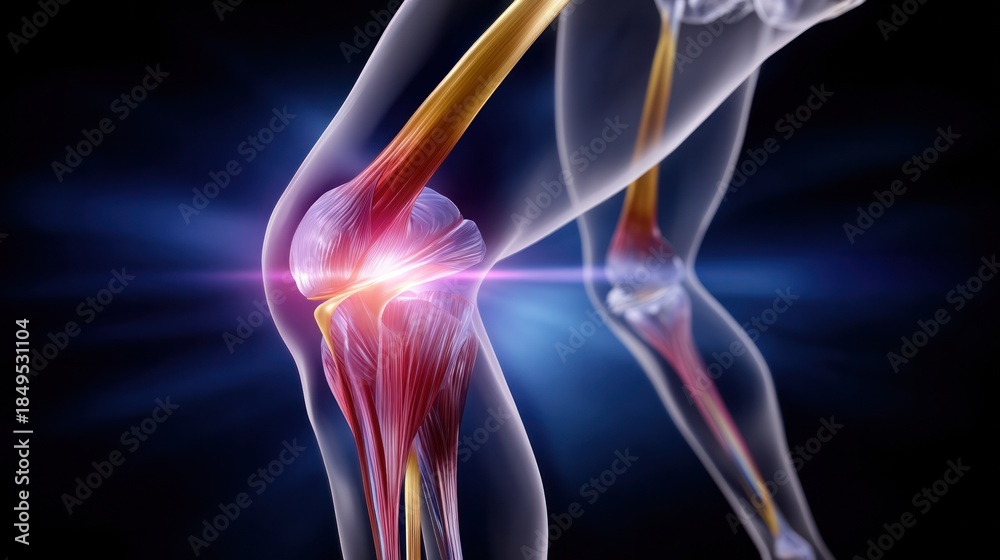 Obraz premium Medical Illustration of a Knee Joint in Pain: A striking medical illustration depicts the knee joint, illuminated to emphasize pain and inflammation.