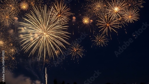 A spectacular multi-colored fireworks display featuring golden bursts and blue floral patterns against a dark nighttime sky celebration