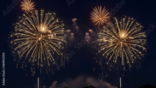 A spectacular multi-colored fireworks display featuring golden bursts and blue floral patterns against a dark nighttime sky celebration