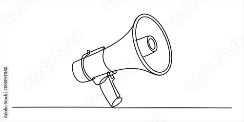 A minimalist line drawing of a megaphone, symbolizing communication and announcement. Vector, illustration