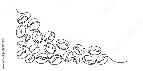 Minimalist single line art drawing featuring coffee beans arranged in a decorative corner frame Vector, illustration