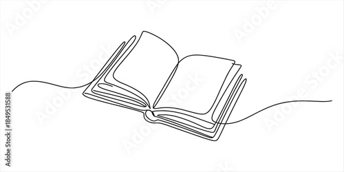 Continuous line drawing of an open book, symbolizing education, knowledge, and storytelling Vector, illustration