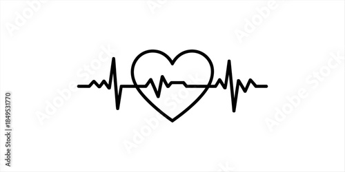 Simple heart outline with a continuous heartbeat rhythm line running through it Vector, illustration