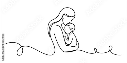 Continuous line drawing of a mother embracing her baby with love and care Vector, illustration