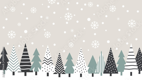 Winter landscape with stylized trees and falling snowflakes in muted tones