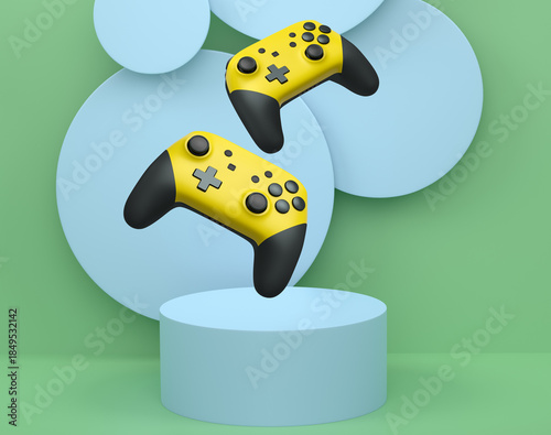 Colorful gaming controllers joystick levitating over podium against abstract background, minimalist concept device on pedestal