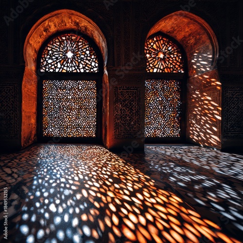 Art of light and shadow through decorative windows in a historical building at sunset