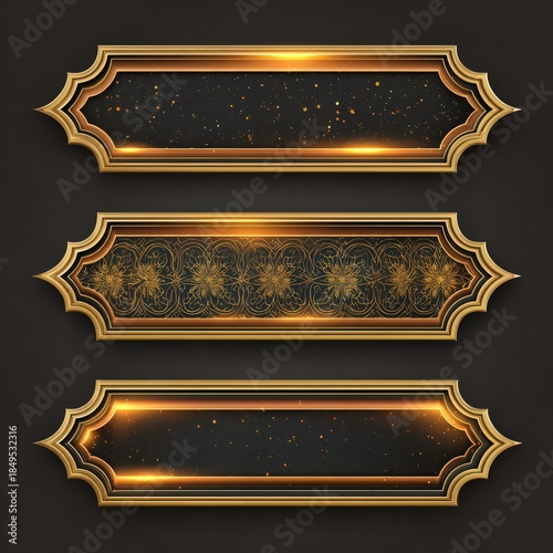 Elegant decorative frames in gold color on a dark background for art display or graphic design