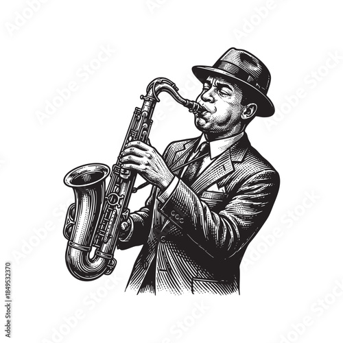 Vintage Jazz Saxophonist Musician Engraving