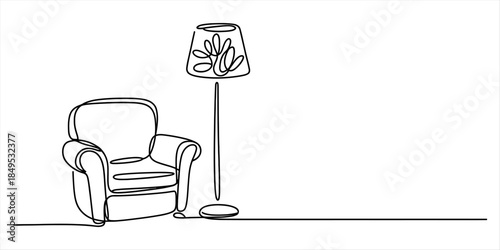 Continuous line drawing of an armchair and a floor lamp for minimalist interior design concept Vector, illustration