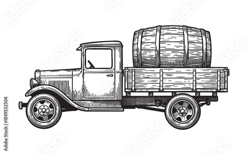 Vintage Flatbed Truck Carrying Wooden Barrel