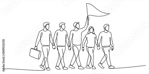 A continuous line art representation of a marching team led by a flag bearer Vector, illustration