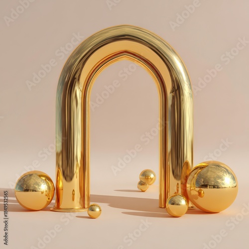 Gold sculpture with circular shapes arranged on a light background during daytime