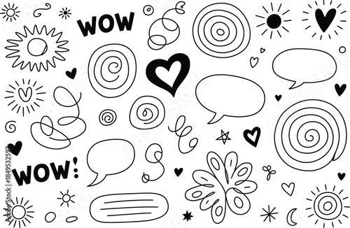 Black and white doodle of speech bubbles hearts and stars