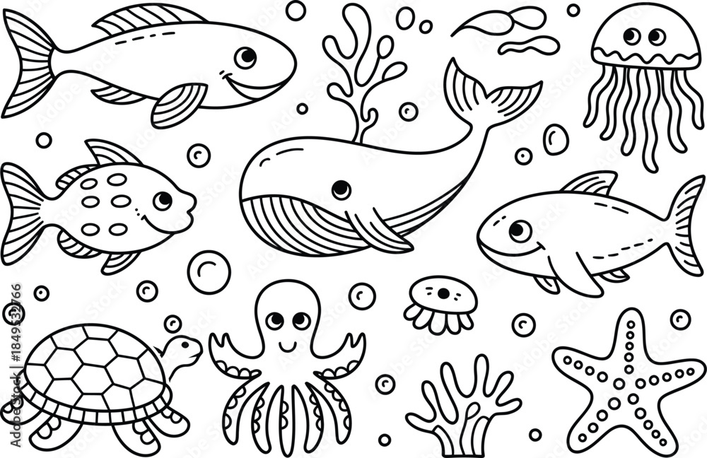 Fototapeta premium Black and white of various sea creatures and underwater ocean animals fish