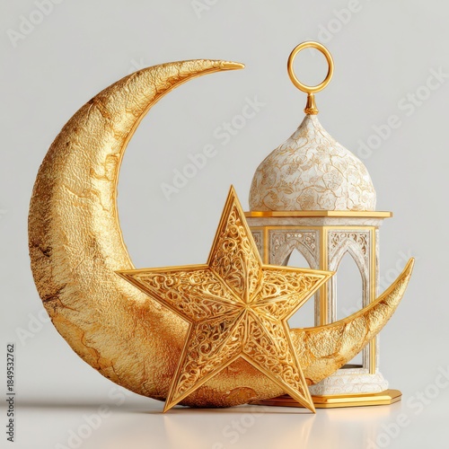Golden crescent moon and star beside a decorative lantern on a plain background during a special celebration