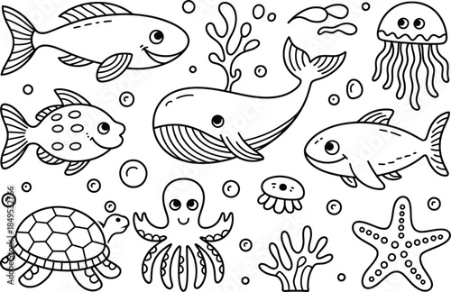 Black and white of various sea creatures and underwater ocean animals fish