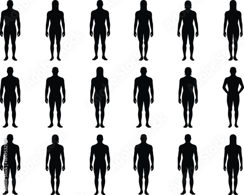 Black silhouettes of people standing in various poses on white background