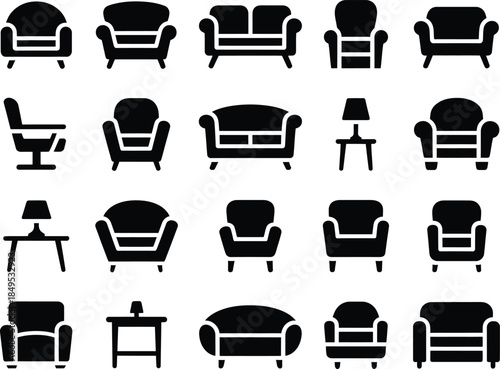 Black silhouettes of various armchairs and sofas on white background furniture