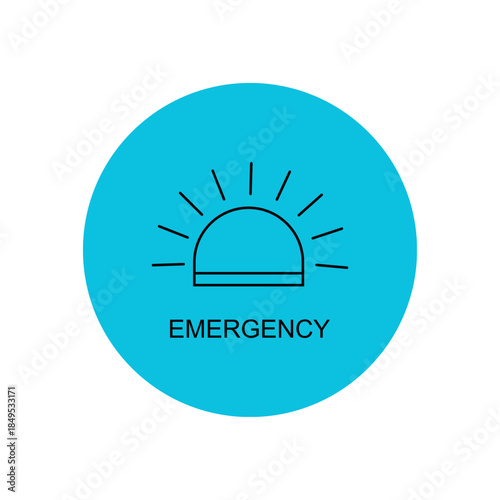 A line art icon of a flashing emergency light or siren with radiating lines, set against a vibrant blue circular background, with the word "EMERGENCY" written below it.