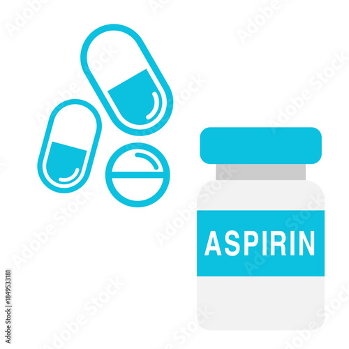 Illustration of an aspirin bottle with various blue and white pills and capsules, representing medication and healthcare.