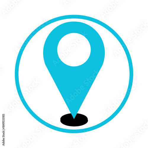 A light blue map pin icon with a white circle and black base, enclosed in a blue circular outline, on a white background.
