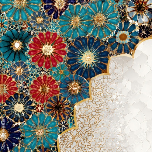 Colorful mosaic design with flowers and geometric patterns in a decorative art piece from a cultural location