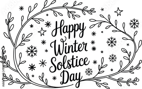Happy Winter Solstice Day black text with snowflakes and leaves on white stars