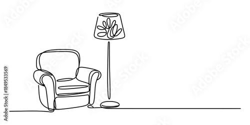 Minimalist continuous line drawing of an armchair and a floor lamp for home decor Vector, illustration
