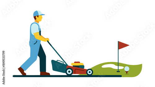 Gardener Mowing Lawn on Golf Course with Flag and Ball