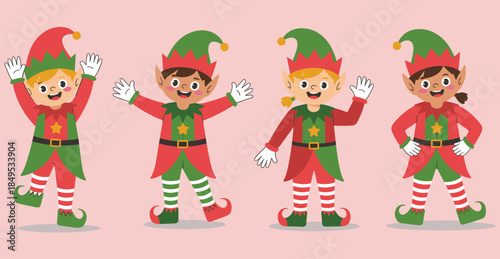 Four Cheerful Christmas Elves in Red and Green Outfits Keywords: christmas, elves, santa, helpers, holiday, festive, characters