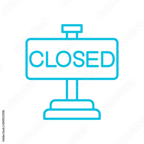 A simple blue outline icon of a "CLOSED" sign on a stand, indicating unavailability or a finished status.