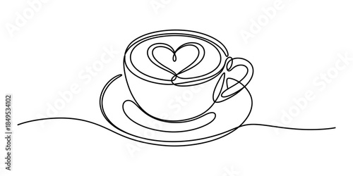Minimalist continuous line drawing of a coffee cup with a heart shape on the foam Vector, illustration