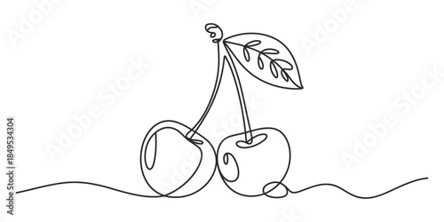 A continuous line art representation of a pair of cherries on a branch with a single leaf Vector, illustration