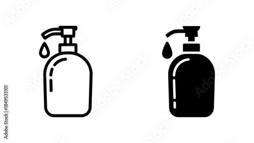 Liquid soap or hand sanitizer dispenser bottle outline and solid icon design
