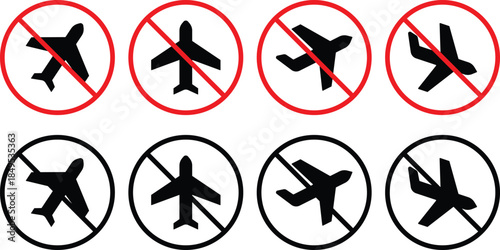 No Airplane Icon. Flight prohibition symbols. No fly zone graphic design. No drone and travel warning signs. No aircraft entry symbols
