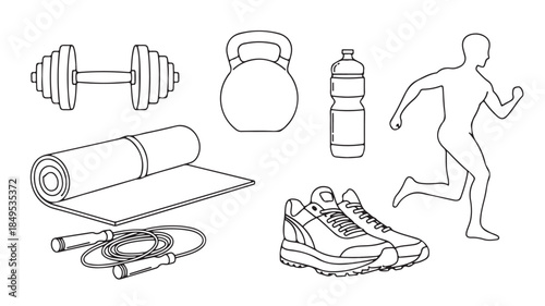 Fitness equipment in minimalist line art style with monochrome color on white background for health and wellness