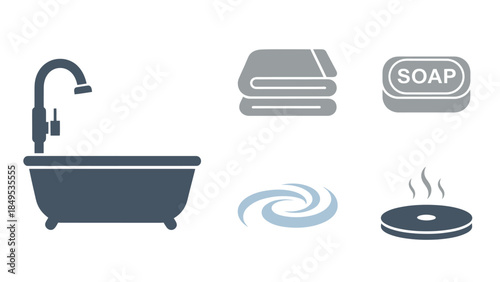 A collection of monochrome icons representing various elements of a bathroom, including a bathtub, towels, soap, water, and a hot stone.