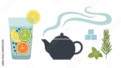 Refreshing citrus drink with sparkling water, hot tea in a teapot, sugar cubes, and fresh herbs like rosemary and mint.