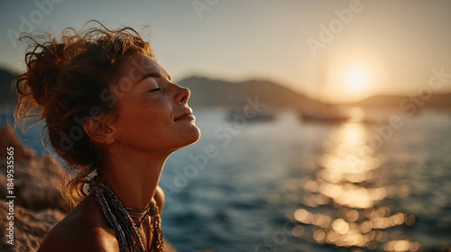 Golden Horizon Serenity: Woman Embracing Sunset by Calm Seaside