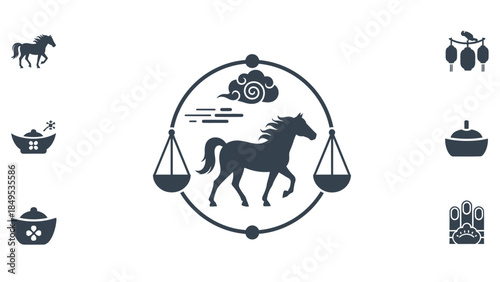 Chinese zodiac horse icon with traditional prosperity symbols and cultural elements, including ingots and decorative items.