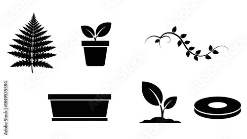 Black silhouette icons of various plants including a fern, potted plant, vine, and sprouting plant from the ground.
