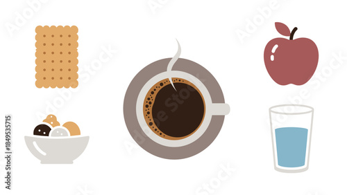 An assortment of common food and drink items including a biscuit, ice cream, coffee, an apple, and water.