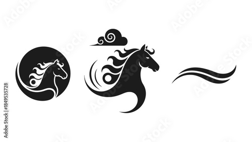 Three stylized black horse head logos with flowing manes and abstract elements on a white background.