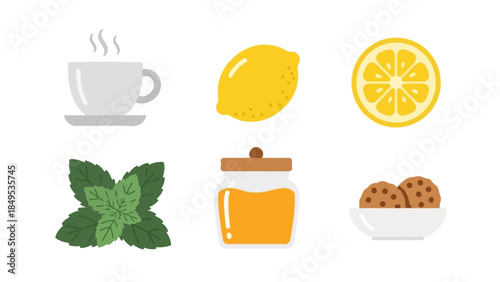 Collection of illustrations featuring a hot cup of tea, whole and sliced lemons, fresh mint leaves, a jar of honey, and chocolate chip cookies.