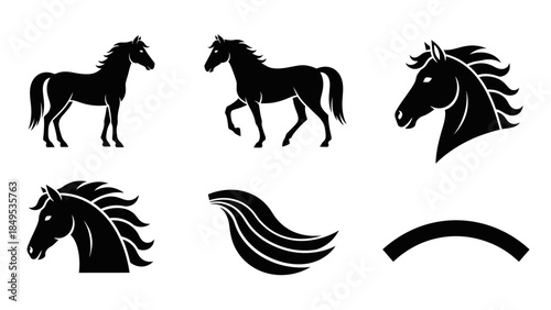 Vector set of black horse silhouettes, featuring full body views, detailed head profiles with flowing manes, a standalone mane element, and a simple curved line.